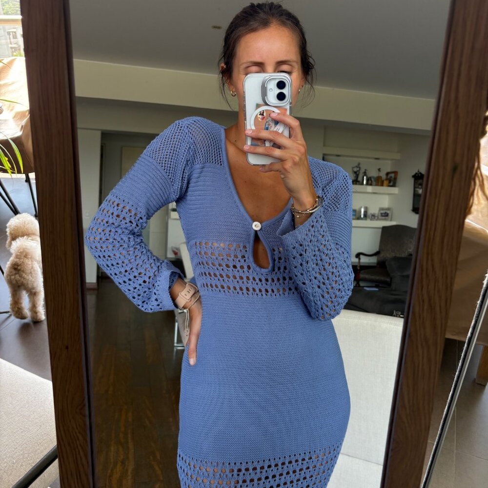 Handmade Steel Blue Crochet Summer Dress – Lightweight, Boho Beachwear